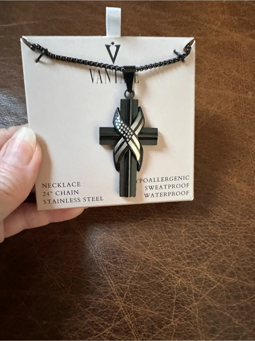 Vantage Black Stainless Steel Men's Cross Necklace with Flag Accent